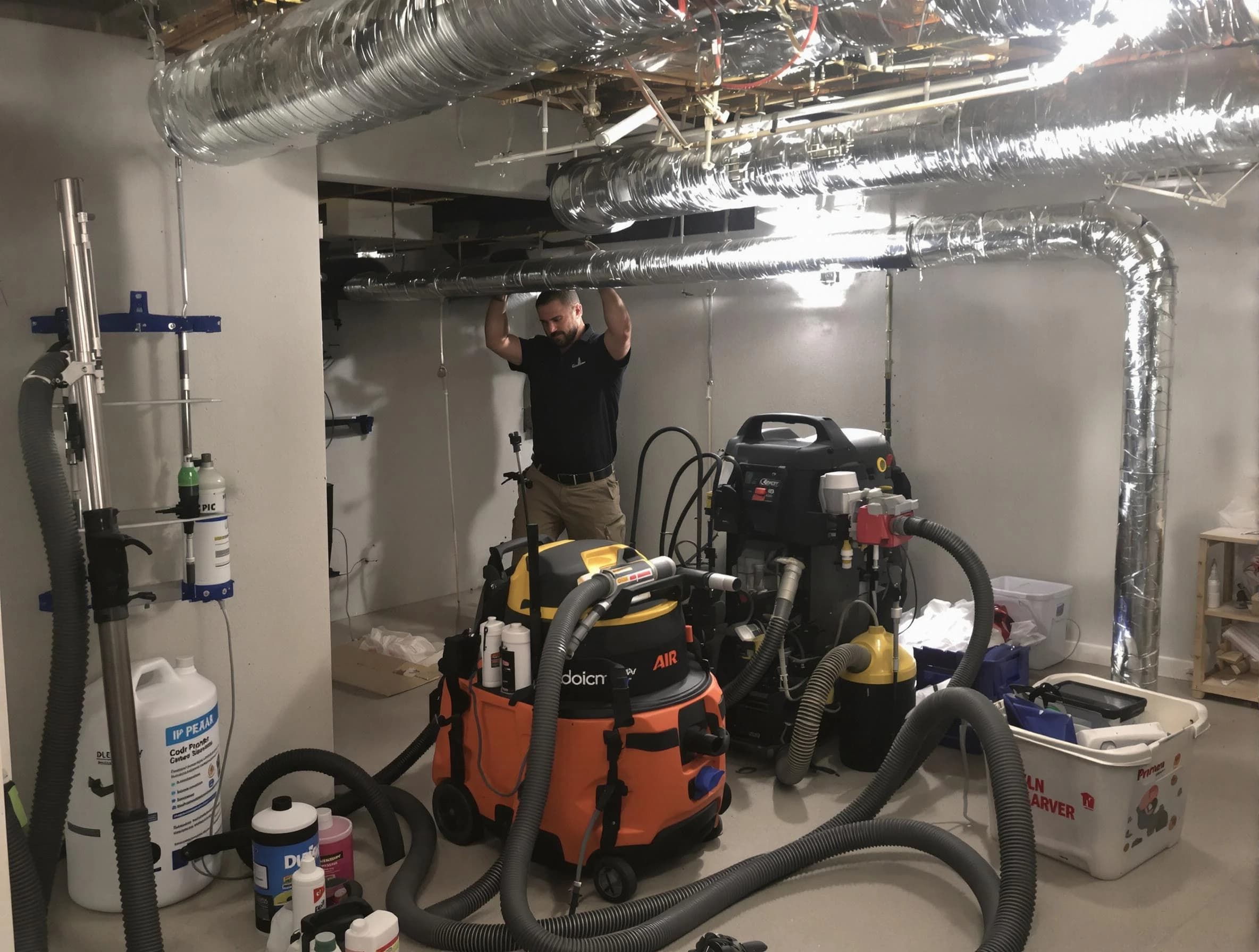 Lowell Air Duct Cleaning specialist performing professional mold removal from air ducts using safety equipment in Lowell
