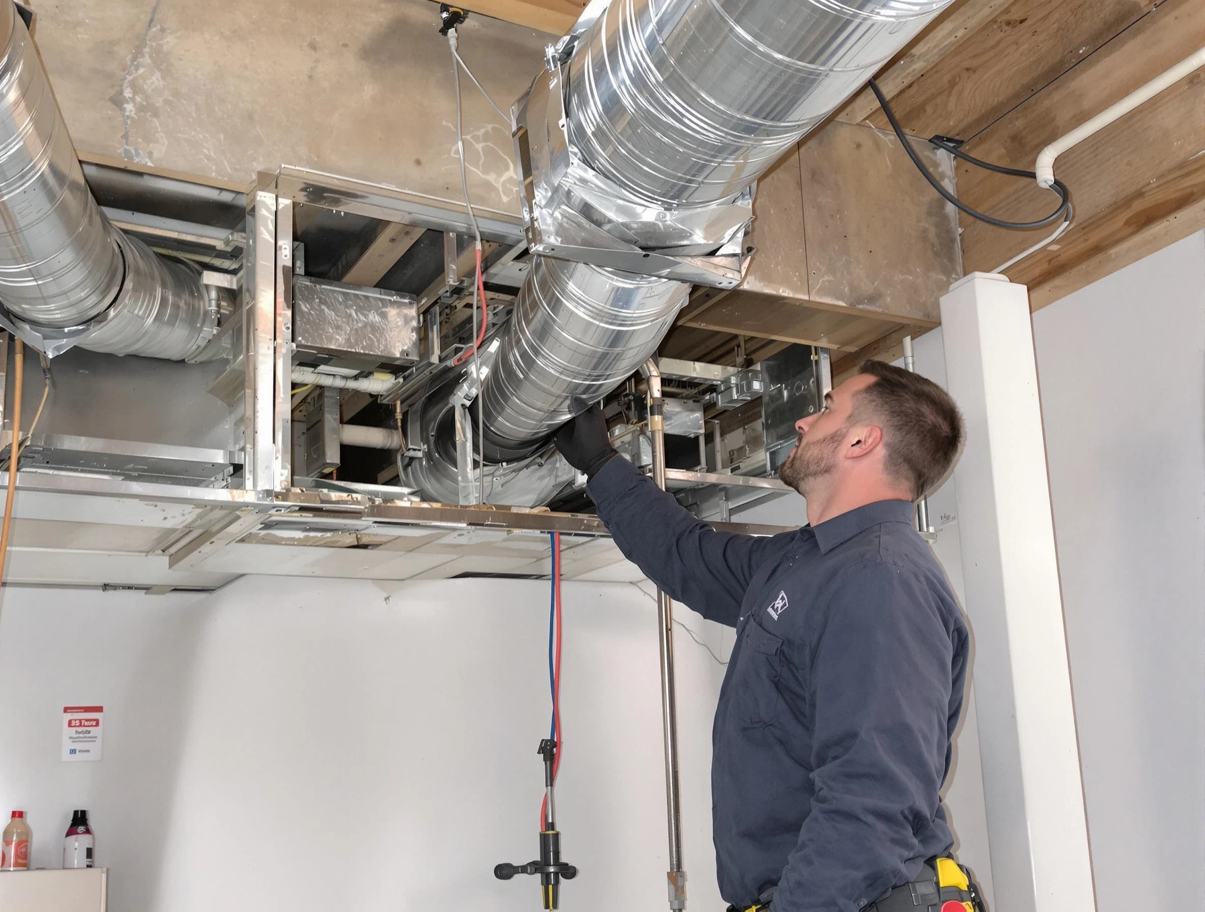Lowell Air Duct Cleaning technician performing professional air duct repair using specialized tools in Lowell