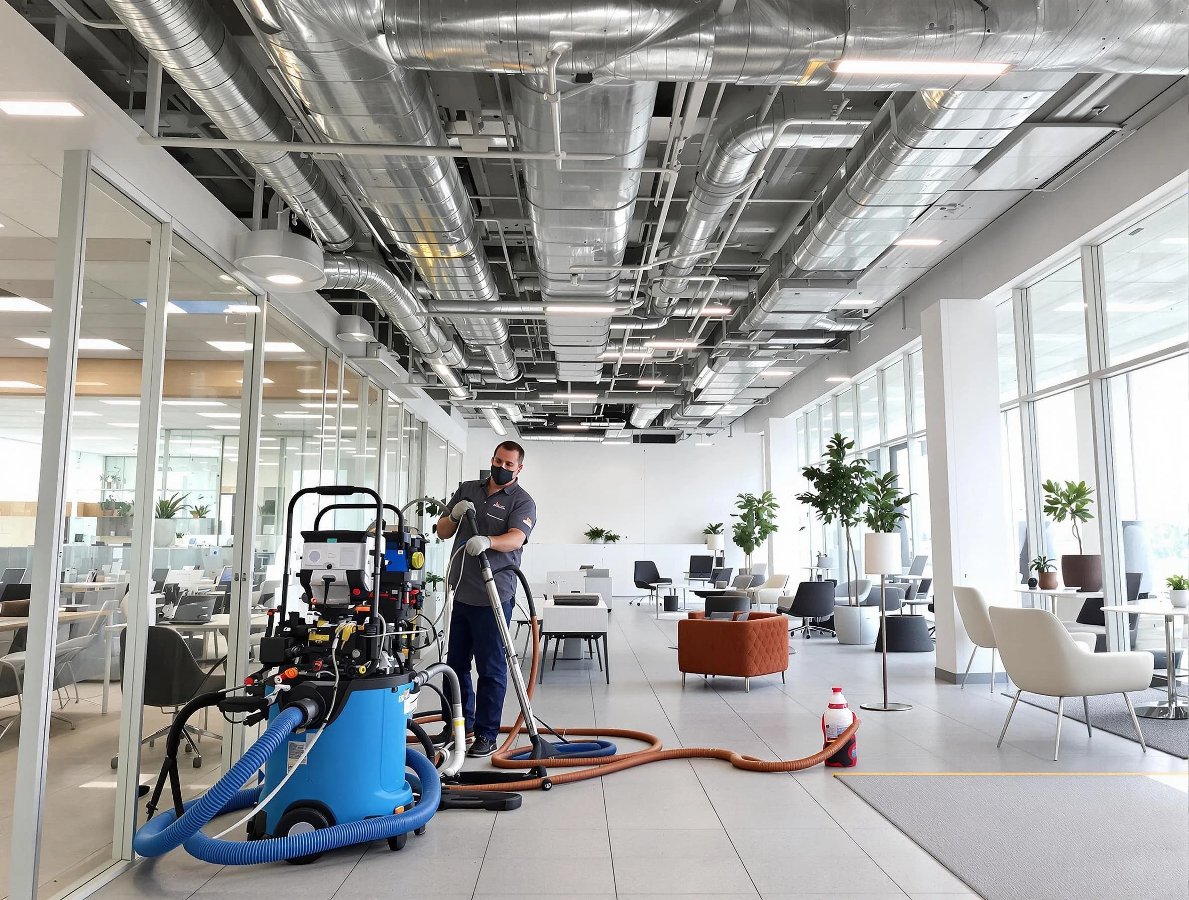 Lowell Air Duct Cleaning team conducting comprehensive commercial duct cleaning at a business location in Lowell