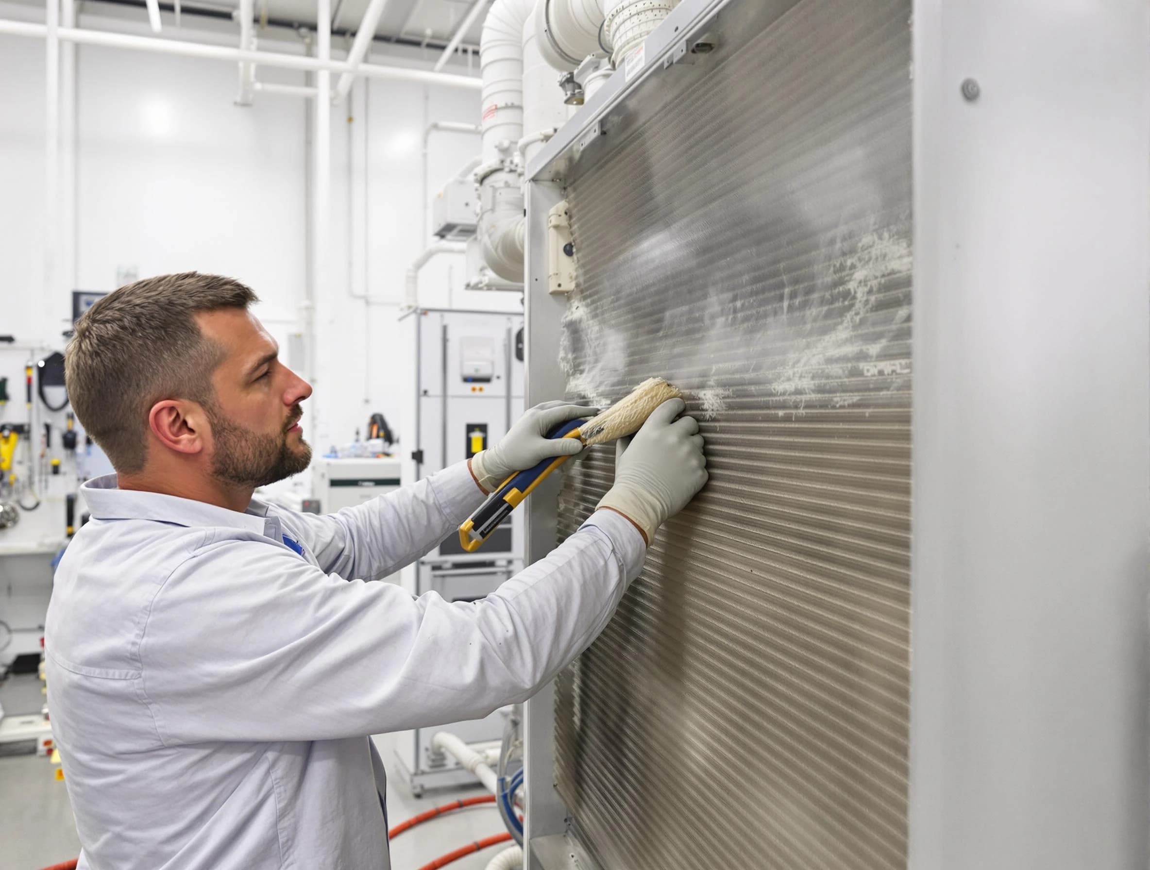 Lowell Air Duct Cleaning technician performing precision commercial coil cleaning at a Lowell business
