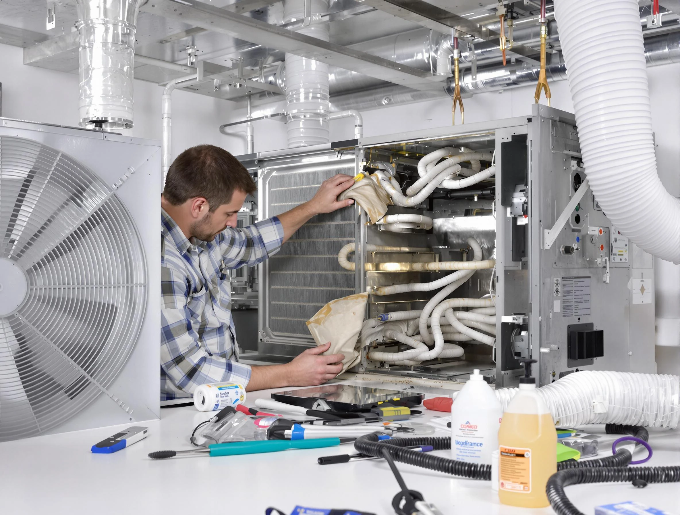 Lowell Air Duct Cleaning specialist performing precision AC coil cleaning in Lowell