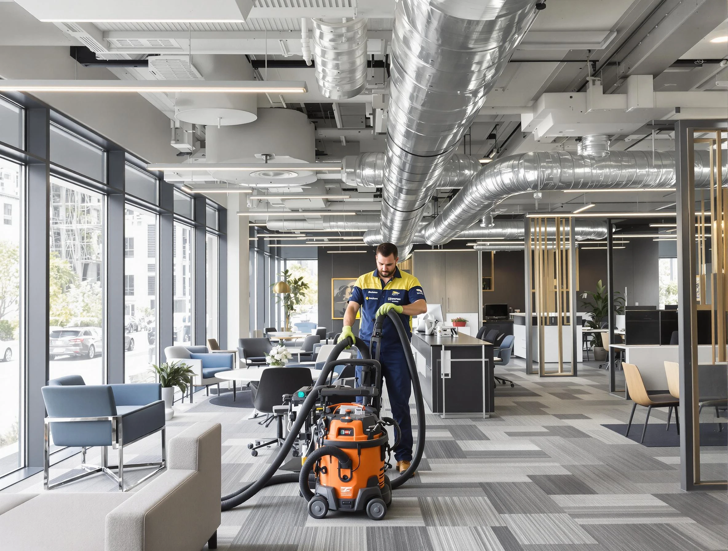 Lowell Air Duct Cleaning team performing thorough commercial duct cleaning at a Lowell business center