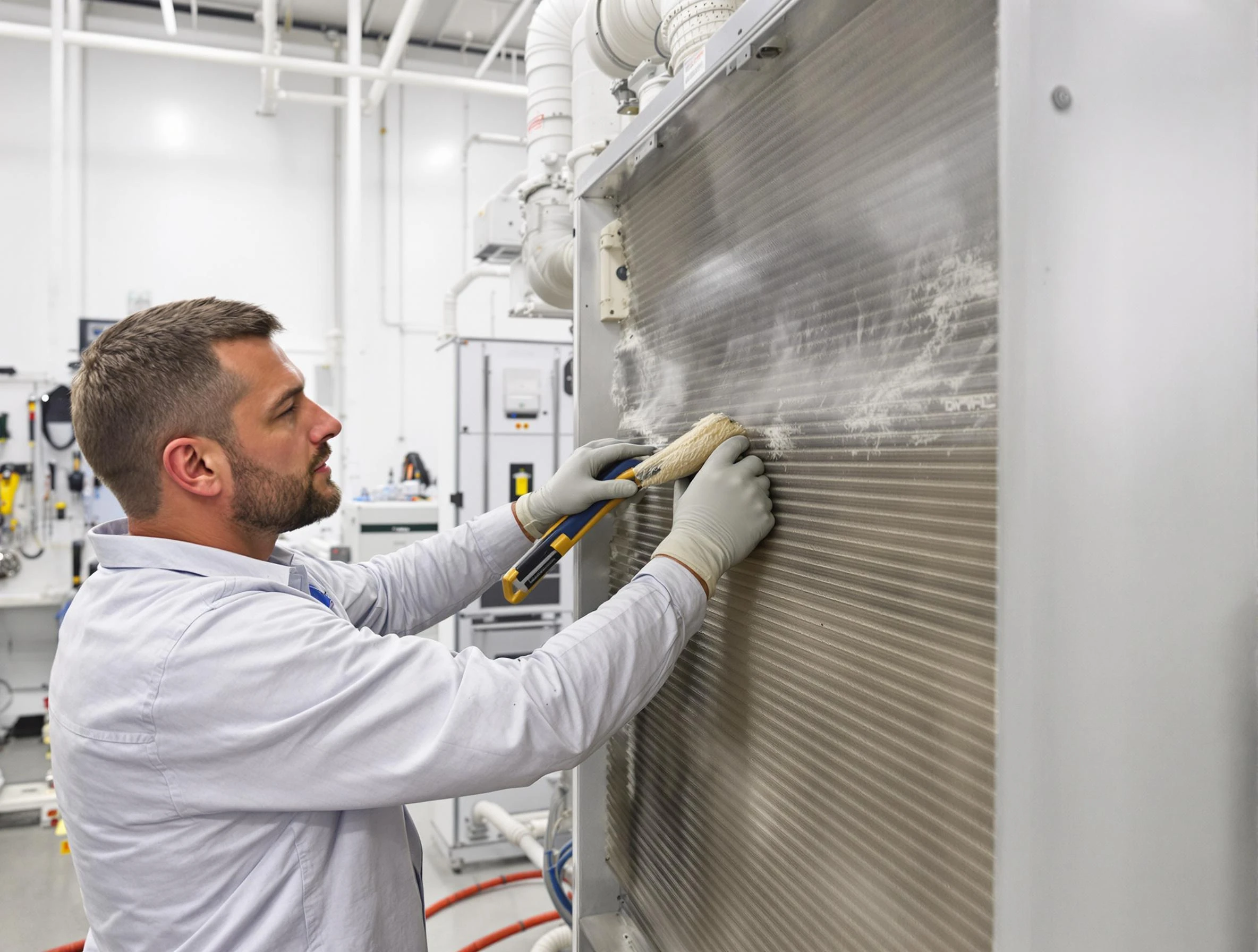 Lowell Air Duct Cleaning technician performing precision commercial coil cleaning at a Lowell business