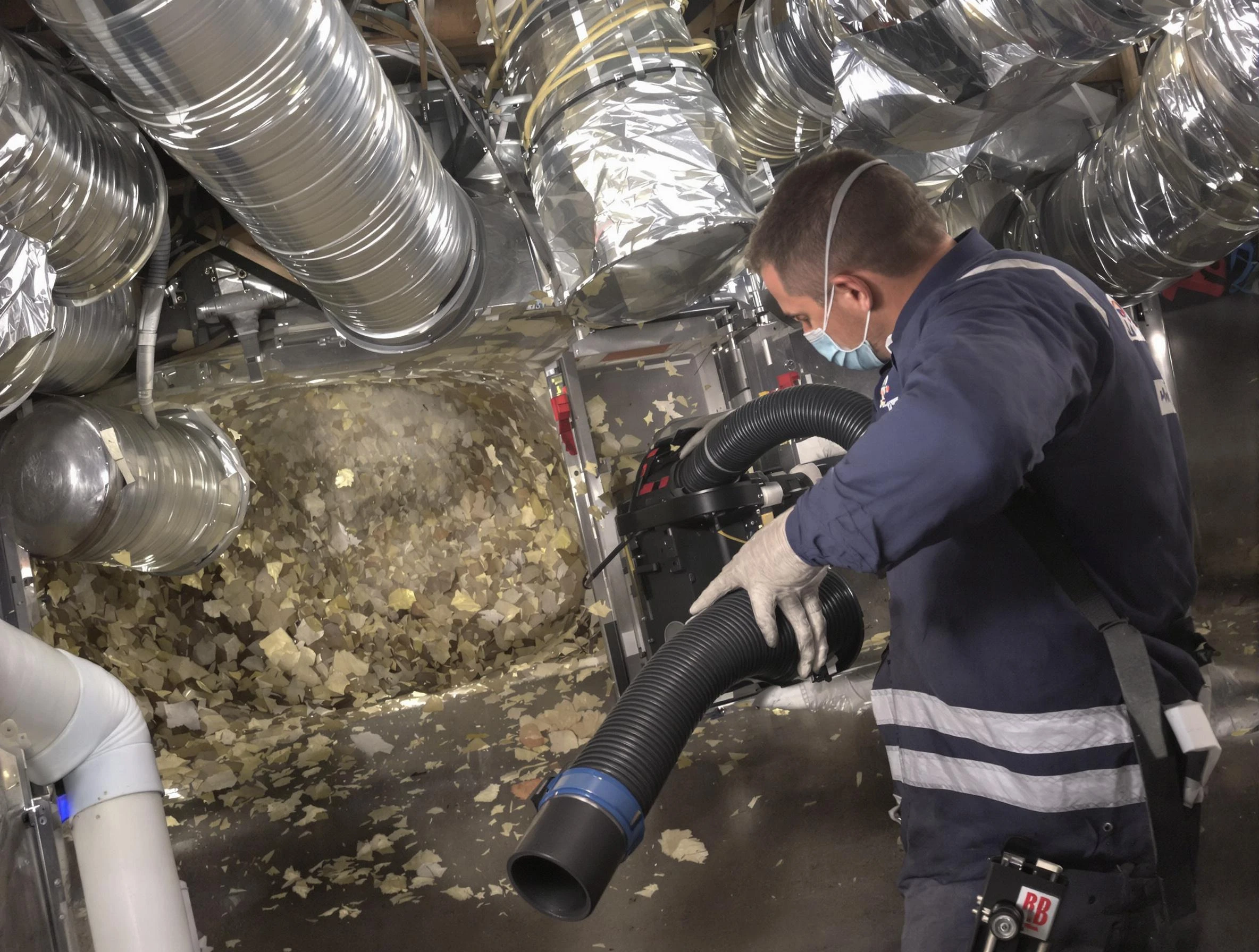 Lowell Air Duct Cleaning specialist operating negative pressure cleaning equipment for thorough duct maintenance in Lowell